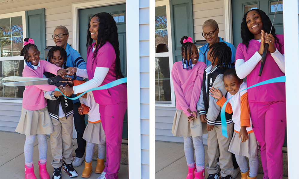 Tiyonna and family cutting ribbon at home dedication