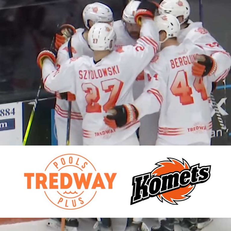 Tredway Pools Plus and Komets logos over photo of Komets players
