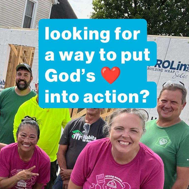 Group of volunteers with text "looking for a way to put God's love into action?"